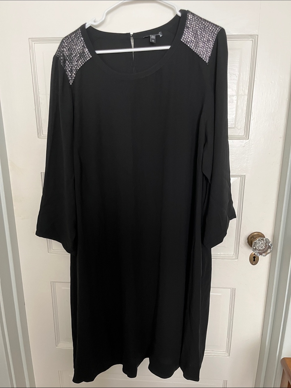 Eileen Fisher Black Long-Sleeve Shift Dress with Beaded Shoulders